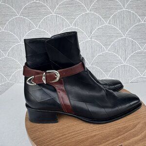 Lorenzo Banfi Black Leather Ankle Boots Burgundy Silver Buckle Strap 39.5 9‎ GUC